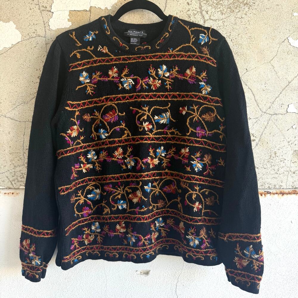 Embroidered Sweater Vintage 90s Boho Colorful Floral Knit Pullover Women L Artsy